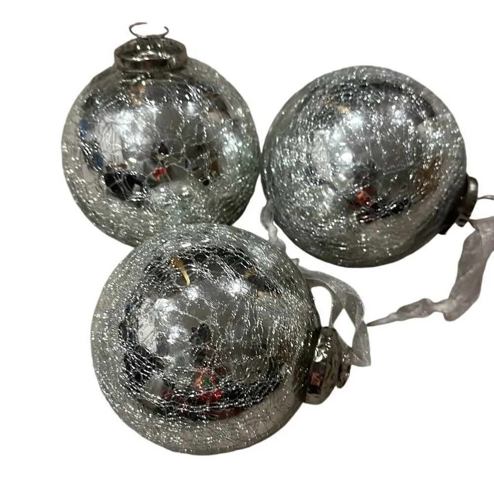 3 Vintage Kugel Ornaments Silver Glass Crackle Mercury Glass Christmas ornament